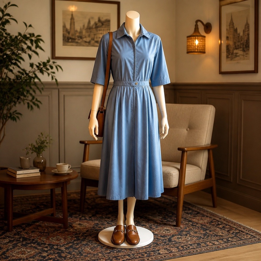Vintage‎ Blue Zip Front Midi Dress Short Sleeve Utility Workwear Pockets Retro